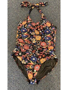Boden Bathing Suit Swim One Piece Halter Side Ruching Black Blue Pink 12R